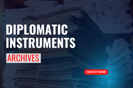 This is the thumbnail for a video tutorial. The background image shows a stack of documents. The text is related to the tutorial, and says: Diplomatic Instruments - Archives.