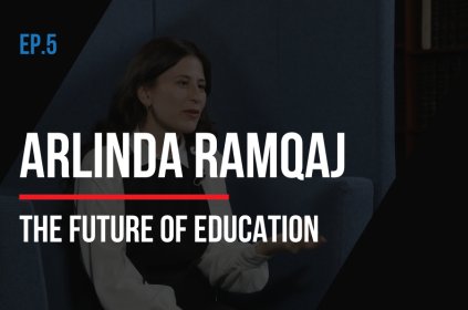 This is the thumbnail for Episode 5 of the Journey to the Summit of the Future. The background image is of the speaker, Arlinda Ramqaj, Swiss Youth Representative to the UN. The title of the episode is layered over the image. The title of the episode is Episode 5: Arlinda Ramqaj, The Future of Education.