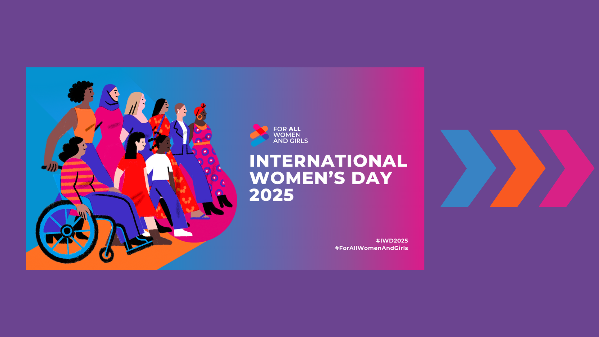 This image shows a diverse group of women looking forward together. The text reads: International Women's Day 2025.