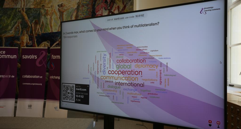 This photo shows a screen at an event, which shows thoughts and ideas from guests about what multilateralism means to them.