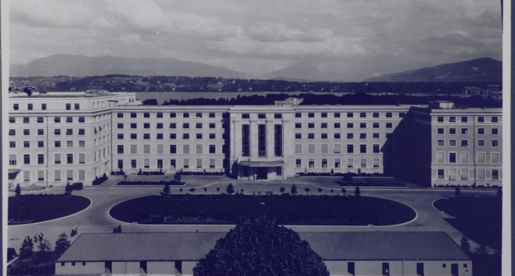 This is an image of the Palais des Nations, taken at the time of the League of Nations. It is black and white. Image copyright of the UN Library & Archives Geneva.