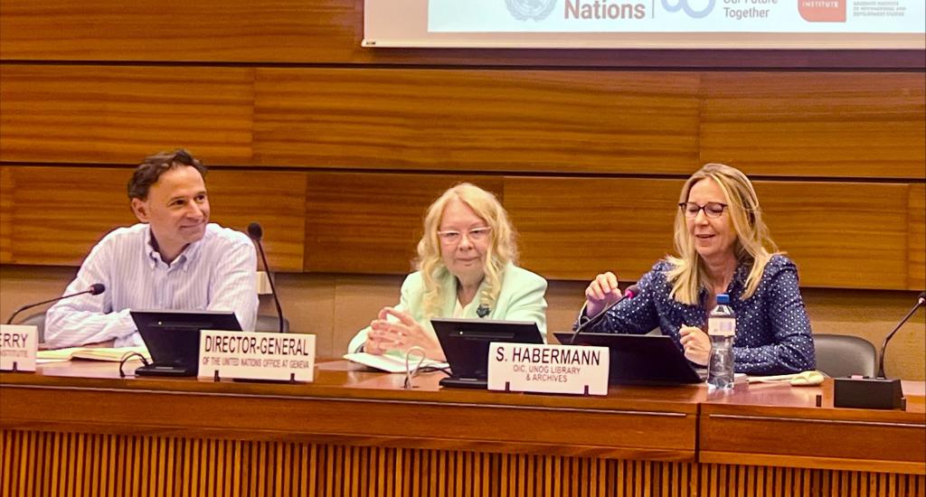 The Director-General of UN Geneva, Tatiana Valovaya, attended the Next80 event to present opening remarks. She sits alongside the event moderator Sigrun Habermann and Professor Jérôme Duberry of the Geneva Graduate Institute.