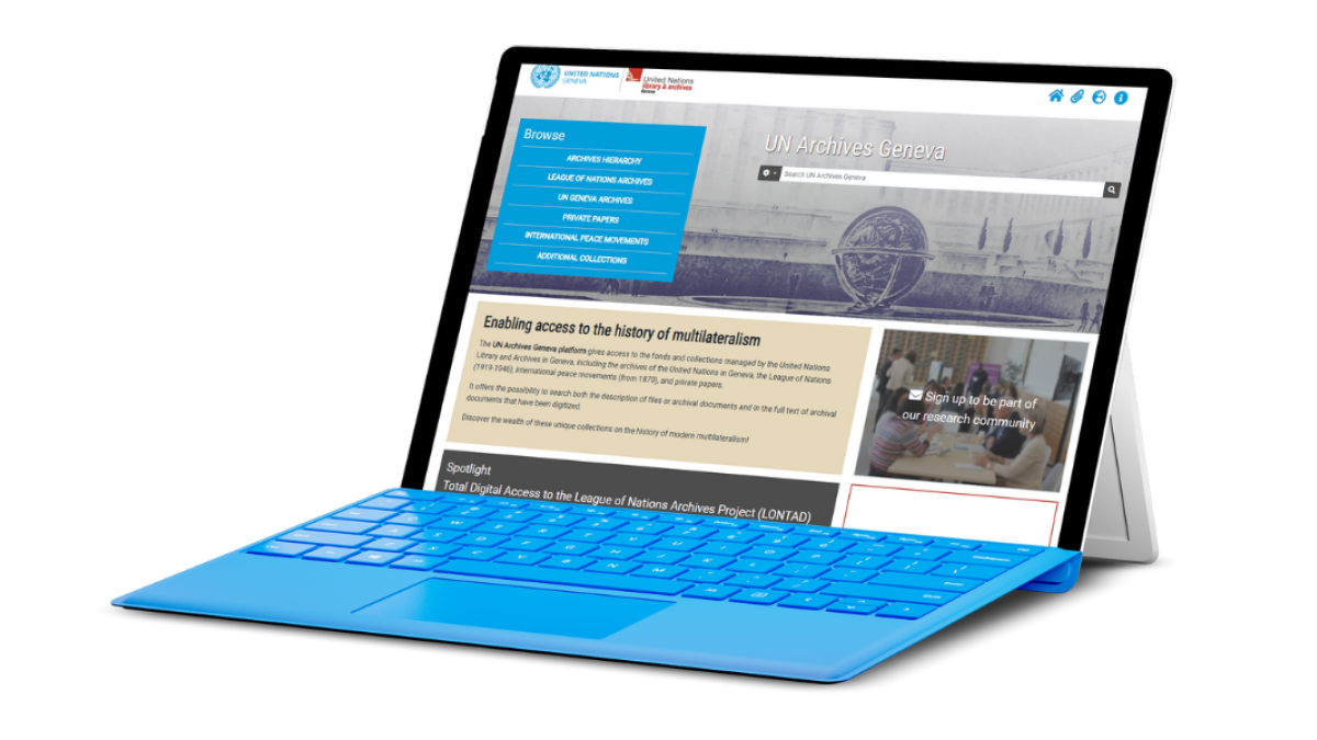 This is an image of a laptop. On the screen is the webpage of the UN Geneva Archives platform.