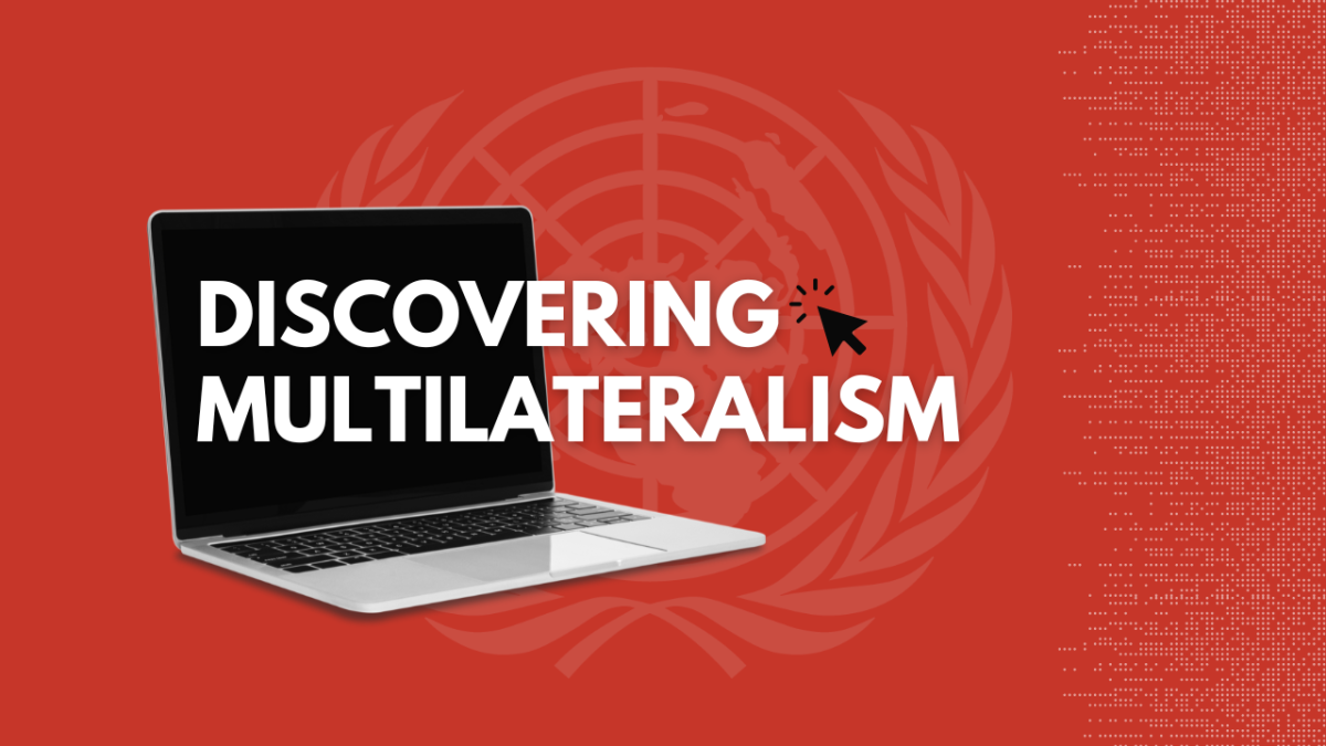 This image shows a laptop with the UN logo behind it. The background colour is red, and the title says "Discovering Multilateralism"