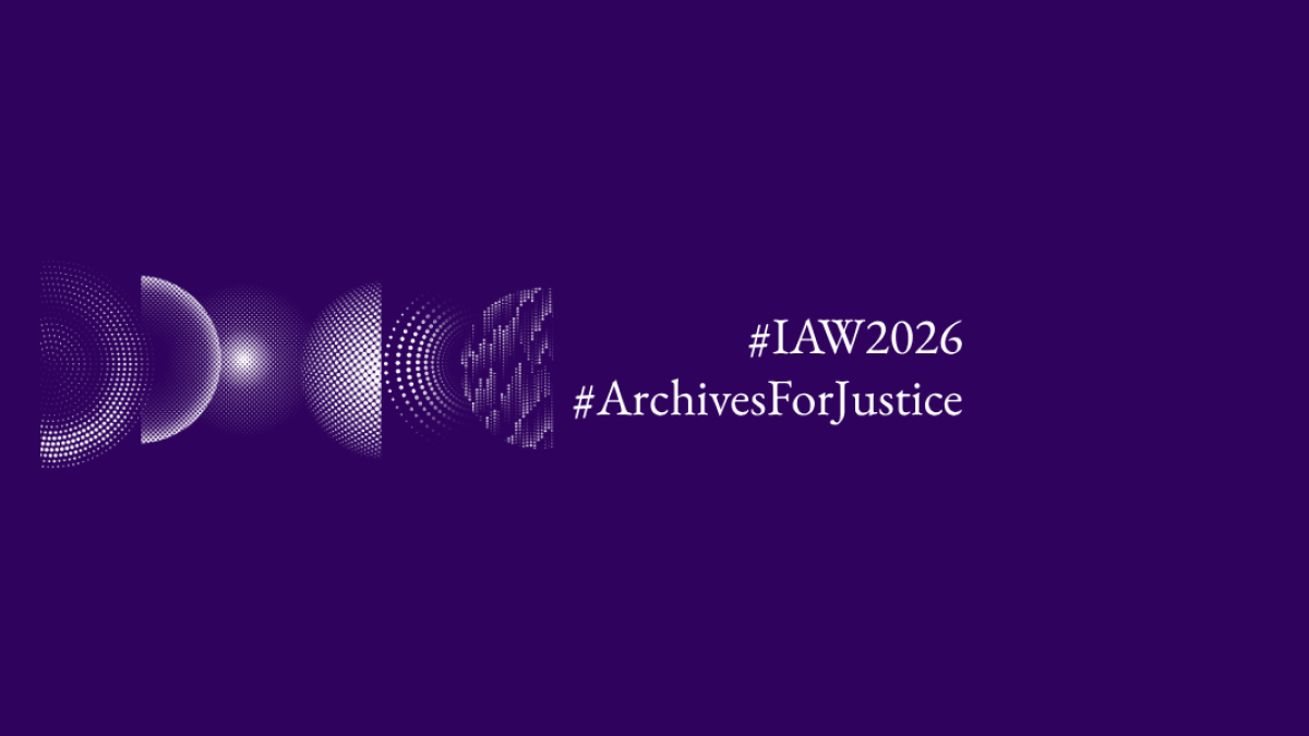 This image shows the logos for International Archives Week 2026, a series of spheres representing the theme "Archives for Justice", as well as the hashtags #IAW2026 and #ArchivesforJustice.