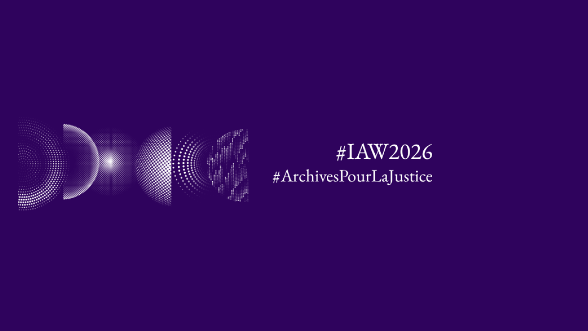 Un visual violet avec le logo de la Semaine internationale des archives et le titre "#ArchivesPourLaJustice"