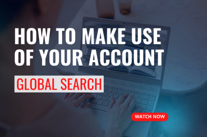 This is the thumbnail for a video tutorial. The background image shows a laptop and a person looking at a webpage from the Library. The text is the title of the tutorial, called How to Make Use of Your Account: Global Search