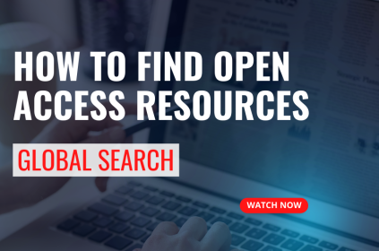 This is the thumbnail for a video tutorial. The background image shows a laptop and a person looking at a webpage from the Library. The text is the title of the tutorial, called How to Find Open Access Resources.