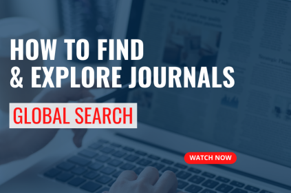 This is the thumbnail for a video tutorial. The background image shows a laptop and a person looking at a webpage from the Library. The text is the title of the tutorial, called How to Find and Explore Journals.