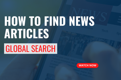 This is the thumbnail for a video tutorial. The background image shows a news page on an electronic screen. The text is the title of the tutorial, called How to Find News Articles: Global Search.