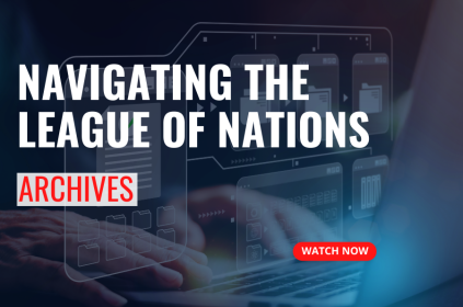 This is the thumbnail for a video tutorial. The background image shows a pair of hands on a laptop, overlayed by images of electronic folders. The text is the title of the tutorial, called Navigating the League of Nations Archives.