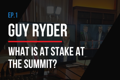 This is the thumbnail for Episode 1 of the Journey to the Summit of the Future. The background image is of the speaker, Under-Secretary-General for Policy Guy Ryder. The title of the episode is layered over the image. The title of the episode is Episode 1: Guy Ryder, What is At Stake at the Summit?