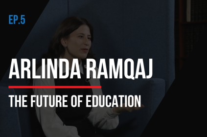 This is the thumbnail for Episode 5 of the Journey to the Summit of the Future. The background image is of the speaker, UN Swiss Youth Representative, Arlinda Ramqaj. The title of the episode is layered over the image. The title of the episode is Episode 5: The Future of Education.