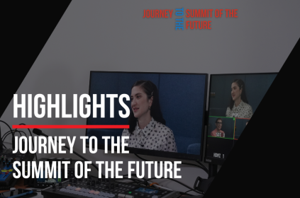 This is the thumbnail image for the final wrap-up video of the playlist the Journey to the Summit of the Future. It features a photo of the moderator Natalie Alexander and one of the speakers, Rebeca Grynspan, Secretary-General of UN Trade and Development. The text reads: Highlights - Journey to the Summit of the Future.