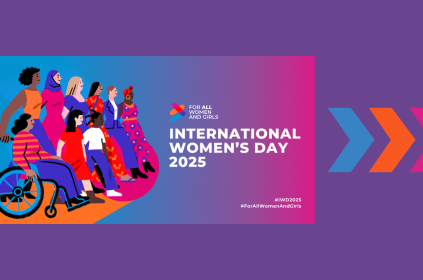 This image shows a diverse group of women looking forward together. The text reads: International Women's Day 2025.