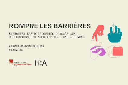 Il s'agit de l'invitation à un événement organisé le 3 juin à l'occasion de la Semaine internationale des archives. Le titre de l'événement est superposé sur un fond de couleur beige. Le texte se lit comme suit : Rompre les barrières : Surmonter les difficultés d'accès aux collections des Archives de l'ONU à Genève, #ArchivesAreAccessible. Les logos de la Bibliothèque et des Archives de l'ONU à Genève et du Conseil international des archives sont affichés. 