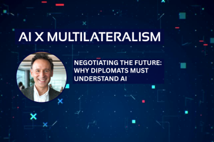 This image shows the title "AI x Multilateralism" and the text: "Negotiating the Future: Why Diplomats Must Understand AI", as well as an image of the guest speaker, Dr. Jérôme Duberry.