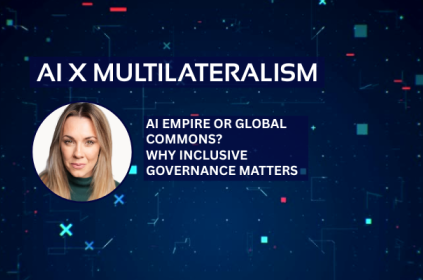 This image shows the speaker of this episode Dr. Rachel Adams, and the title of the episode: AI Empire or Global Commons? Why Inclusive Governance Matters.