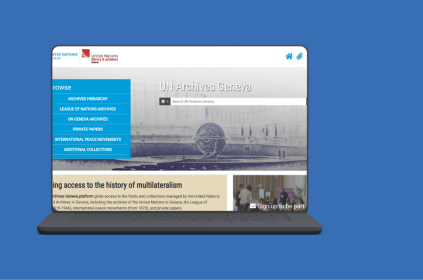 This image shows a laptop, with the UN Archives Geneva platform on the screen.