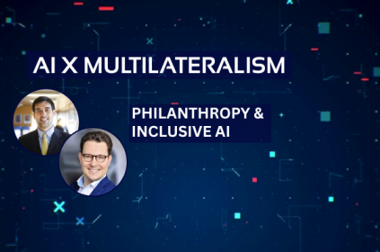This image shows the title "AI x Multilateralism" and the text: "Philanthropy & Inclusive AI", as well as an image of the guest speakers, Giuseppe Ugazio and Hubert Halopé.