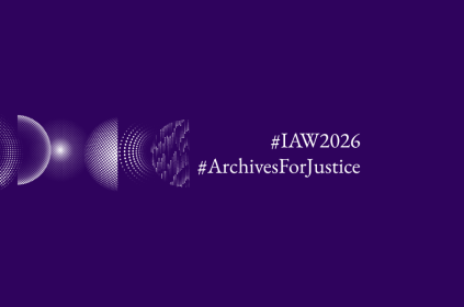 This image shows the logos for International Archives Week 2026, a series of spheres representing the theme "Archives for Justice", as well as the hashtags #IAW2026 and #ArchivesforJustice.