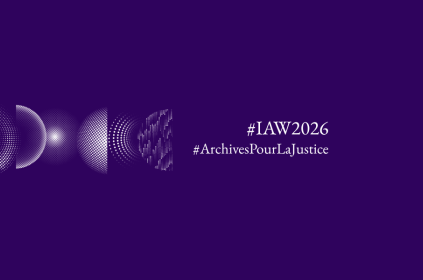 Un visual violet avec le logo de la Semaine internationale des archives et le titre "#ArchivesPourLaJustice"