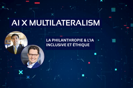 Cette image comporte le titre « IA et multilatéralisme » et le texte : « Philanthropie et IA inclusive », ainsi qu'une photo des intervenants invités, Giuseppe Ugazio et Hubert Halopé.