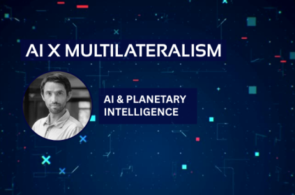This image shows the title "AI x Multilateralism" and the text: "AI and Planetary Intelligence", as well as an image of the guest speaker, Martín Tironi Rodó.