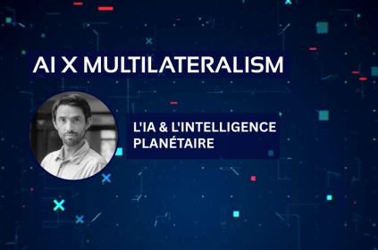 Cette image présente le titre « IA x Multilatéralisme » et le texte : « I'IA et l'intelligence planétaire », ainsi qu'une photo de l'intervenant invité, Martín Tironi Rodó.