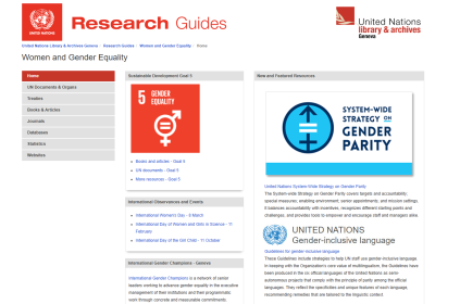 This is a snapshot of the homepage of Research Guide on Gender Equality, curated by the UN Library & Archives Geneva. 