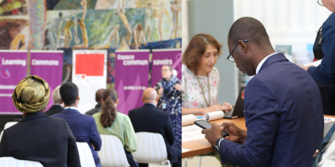 This image shows two photos. One is a group of diplomats listening to a speaker at an event at the Library and Archives. In the second photo, a librarian supports a diplomat who is opening an account.